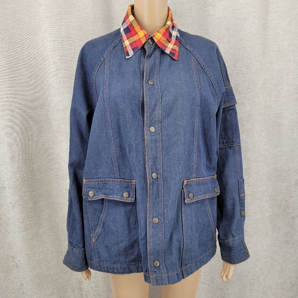 Vintage Denim Chore Coat Barn Jacket with Plaid Flannel Collar Cuffs Utility
